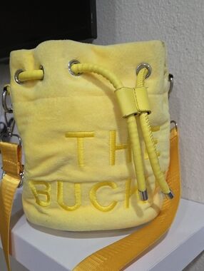Yellow Velvet Bucket Bag with Embroidered Logo Detail